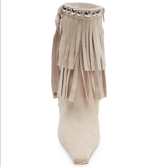 Jeffrey Campbell Stiletto Fringe Stud Bone White Suede Pointed Toe Bootie NWT - Picture 5 of 12